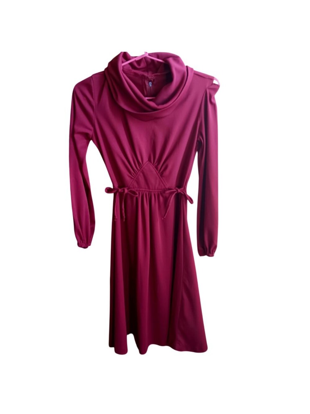True Vintage Dress XS 1970's Burgundy Cowl Neck Midi Dress Waist Tie Handmade